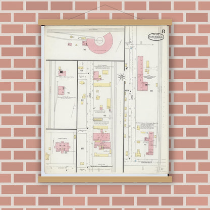 Old map wall art mockup — magnetic wood frame on brick wall — Sanborn Fire Insurance Map from Ashtabula, Ashtabula County, Ohio (1893), Sheet #0008