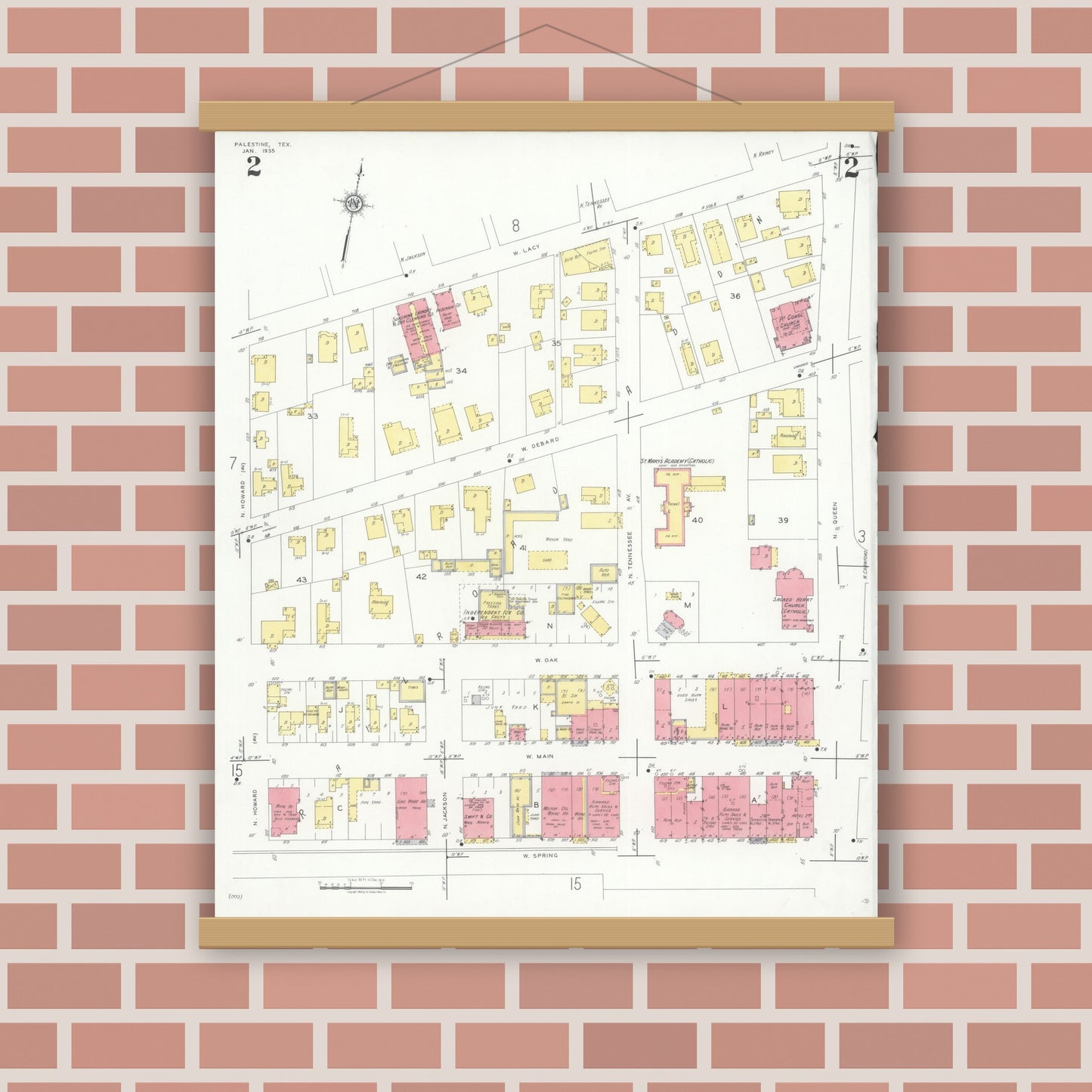 Old map wall art mockup — magnetic wood frame on brick wall — Sanborn Fire Insurance Map from Palestine, Anderson County, Texas (1935), Sheet #0002