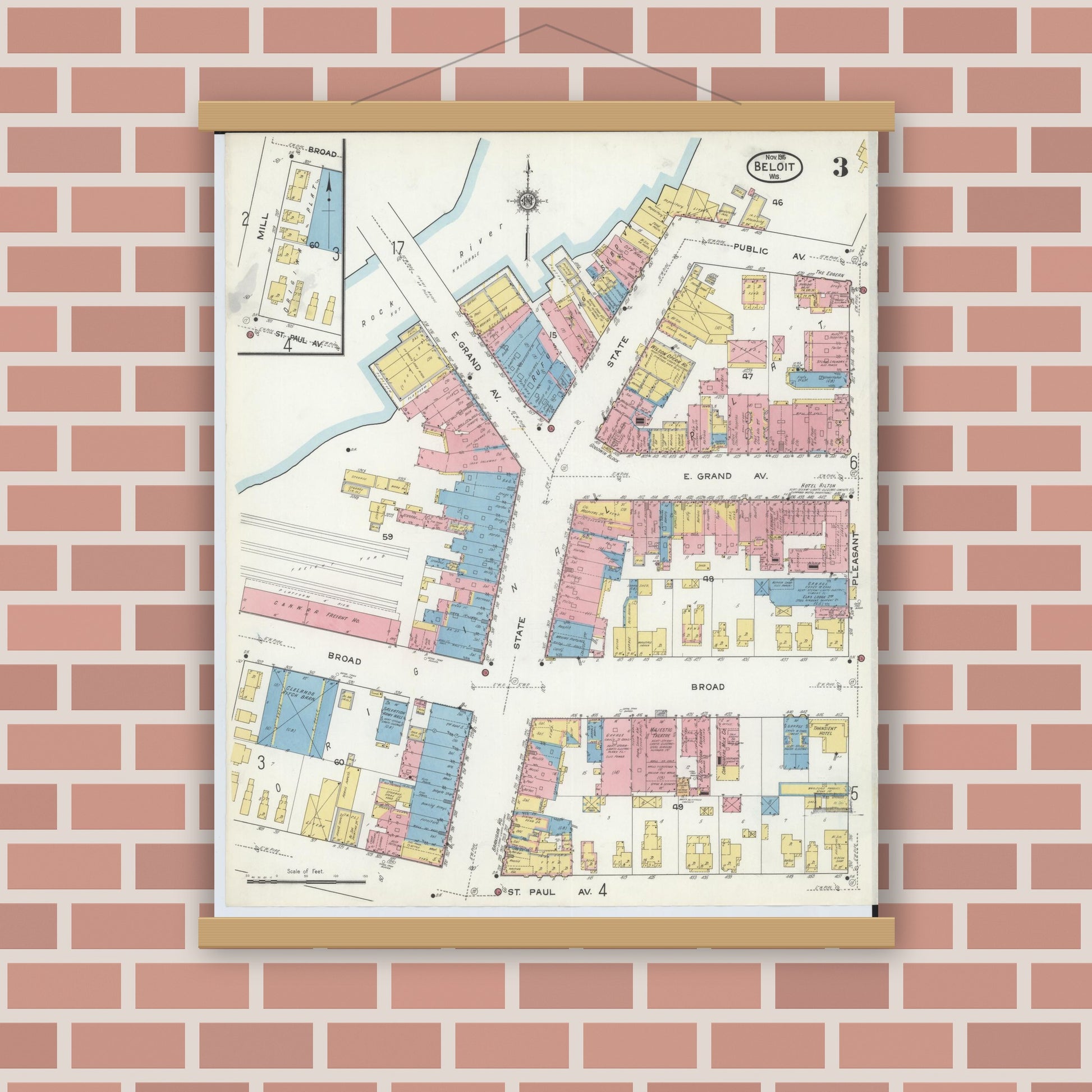 Old map wall art mockup — magnetic wood frame on brick wall — Sanborn Fire Insurance Map from Beloit, Rock County, Wisconsin (1915), Sheet #0003