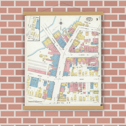 Old map wall art mockup — magnetic wood frame on brick wall — Sanborn Fire Insurance Map from Beloit, Rock County, Wisconsin (1915), Sheet #0003