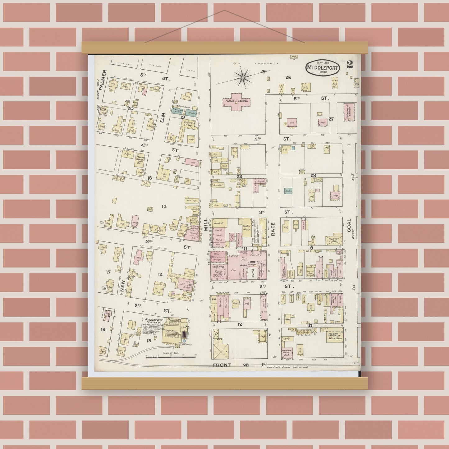 Old map wall art mockup — magnetic wood frame on brick wall — Sanborn Fire Insurance Map from Middleport, Meigs County, Ohio (1888), Sheet #0002