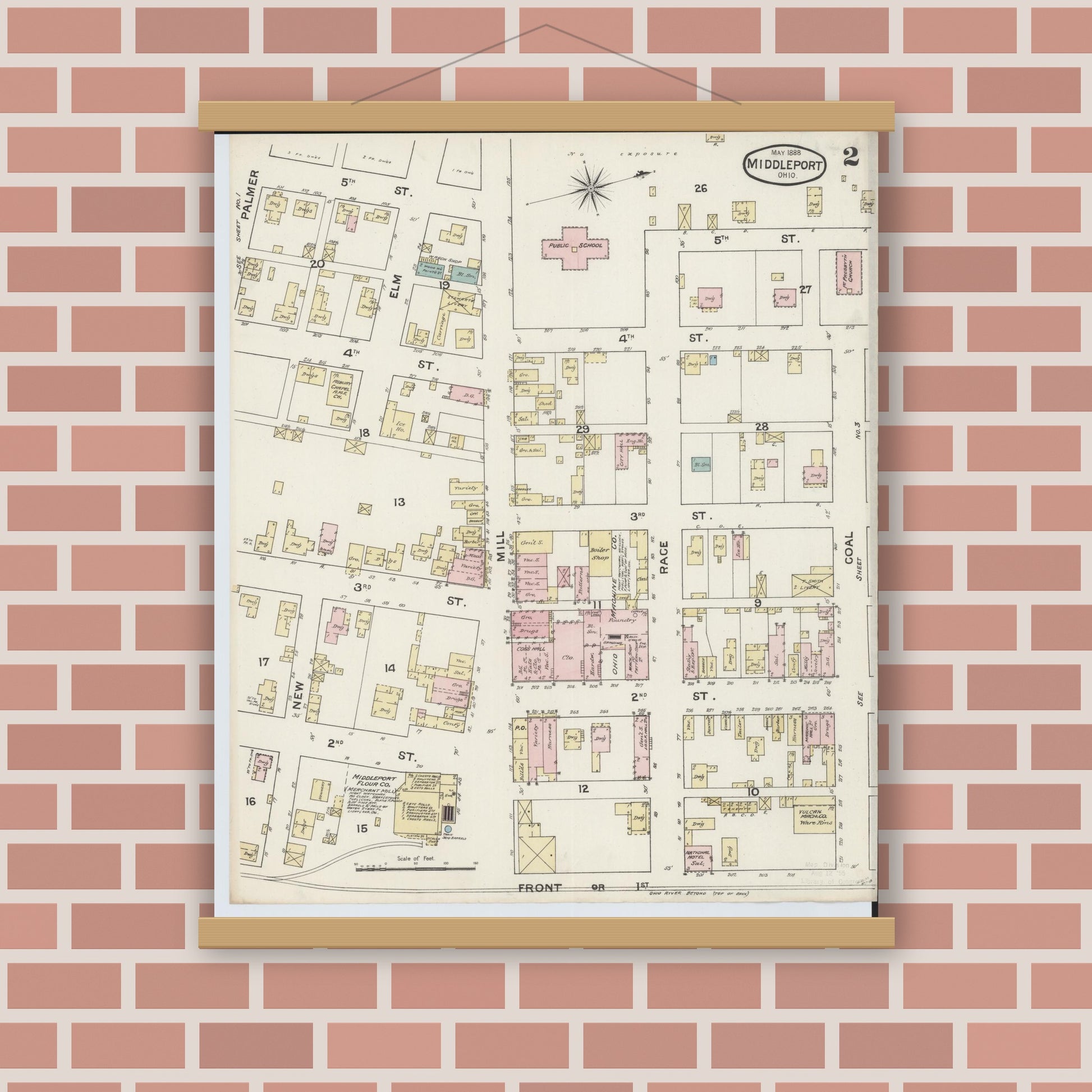 Old map wall art mockup — magnetic wood frame on brick wall — Sanborn Fire Insurance Map from Middleport, Meigs County, Ohio (1888), Sheet #0002