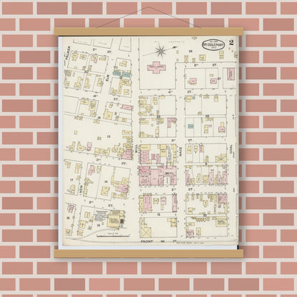 Old map wall art mockup — magnetic wood frame on brick wall — Sanborn Fire Insurance Map from Middleport, Meigs County, Ohio (1888), Sheet #0002