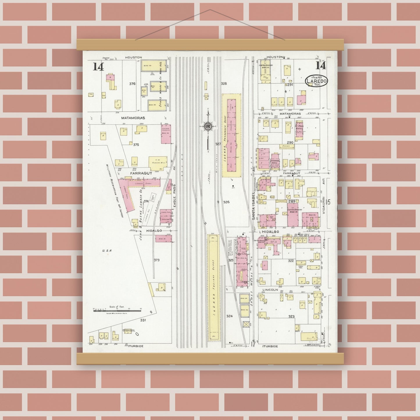 Old map wall art mockup — magnetic wood frame on brick wall — Sanborn Fire Insurance Map from Laredo, Webb County, Texas (1925), Sheet #0014