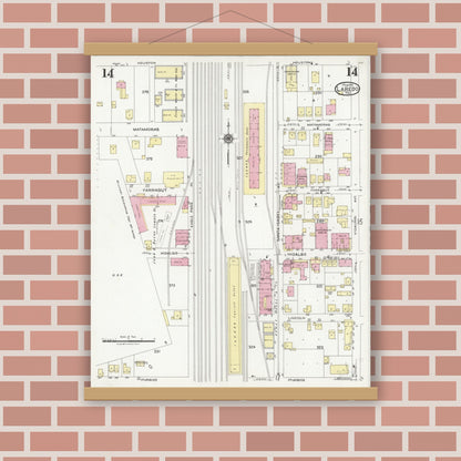 Old map wall art mockup — magnetic wood frame on brick wall — Sanborn Fire Insurance Map from Laredo, Webb County, Texas (1925), Sheet #0014