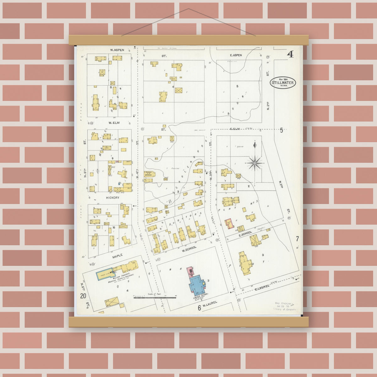 Old map wall art mockup — magnetic wood frame on brick wall — Sanborn Fire Insurance Map from Stillwater, Washington County, Minnesota (1904), Sheet #0004
