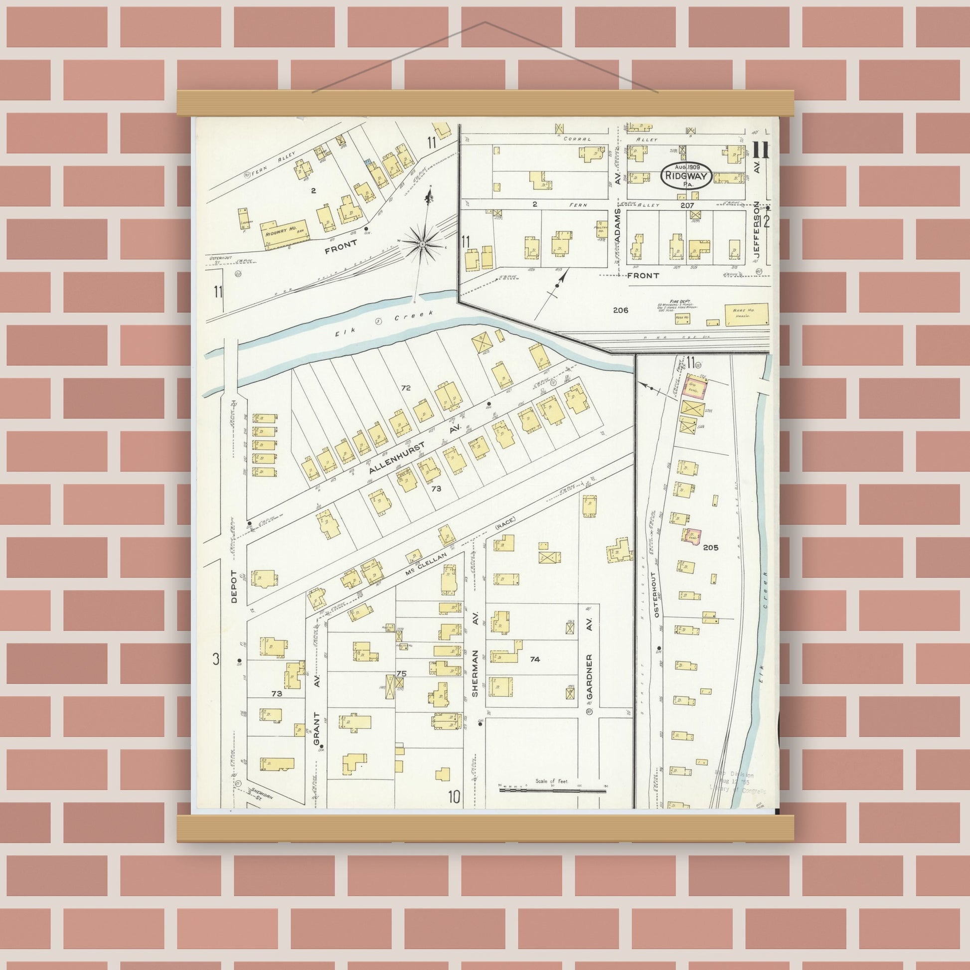 Old map wall art mockup — magnetic wood frame on brick wall — Sanborn Fire Insurance Map from Ridgway, Elk County, Pennsylvania (1909), Sheet #0011