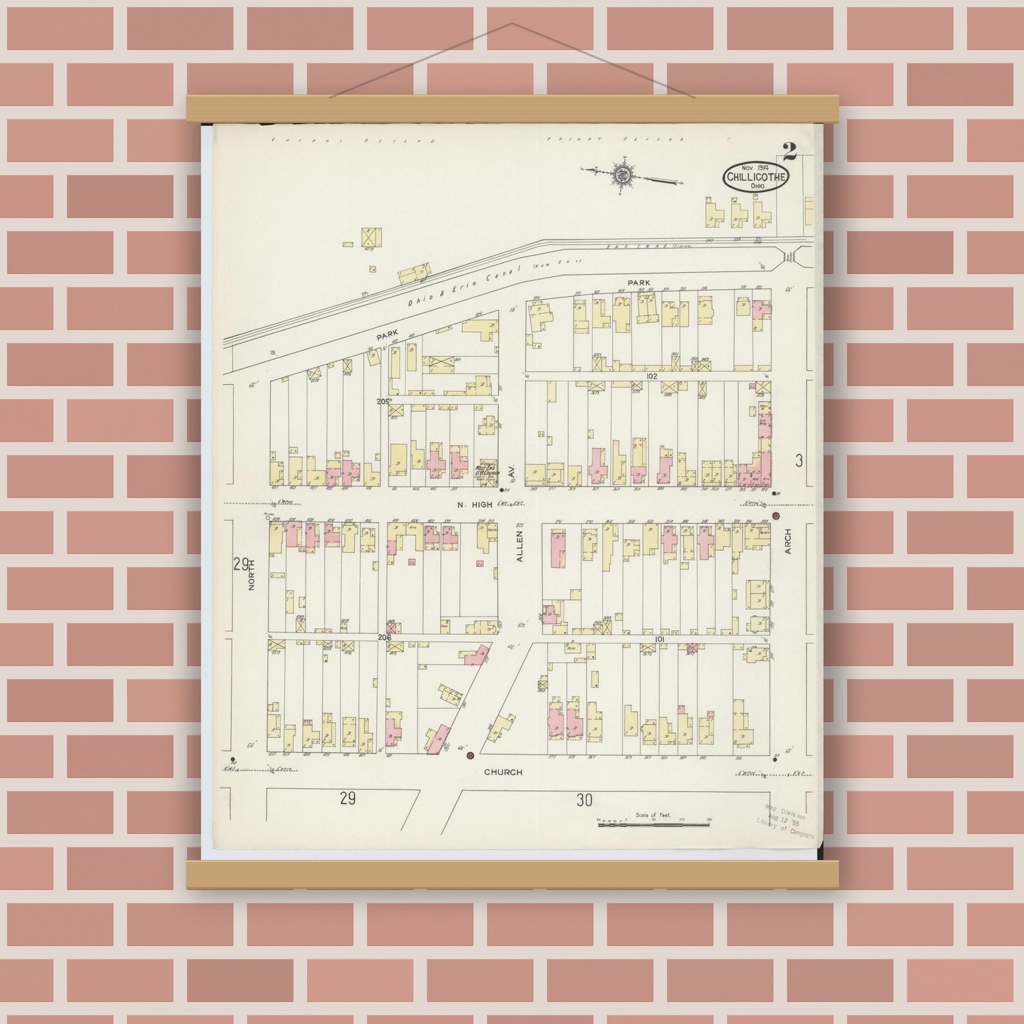 Old map wall art mockup — magnetic wood frame on brick wall — Sanborn Fire Insurance Map from Chillicothe, Ross County, Ohio (1914), Sheet #0002