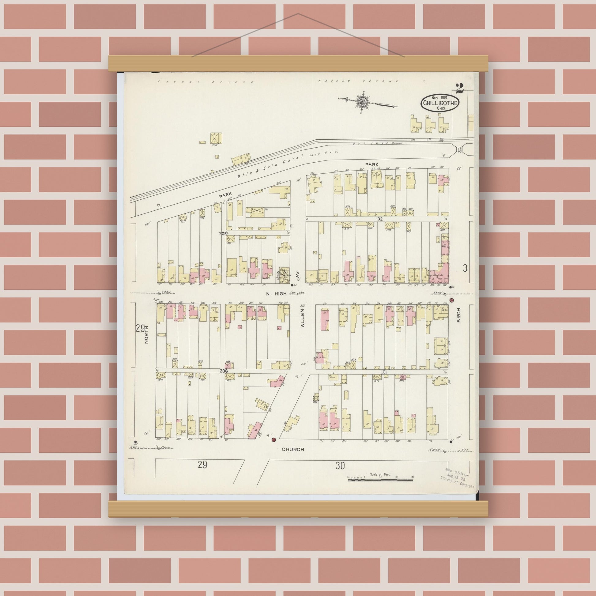 Old map wall art mockup — magnetic wood frame on brick wall — Sanborn Fire Insurance Map from Chillicothe, Ross County, Ohio (1914), Sheet #0002