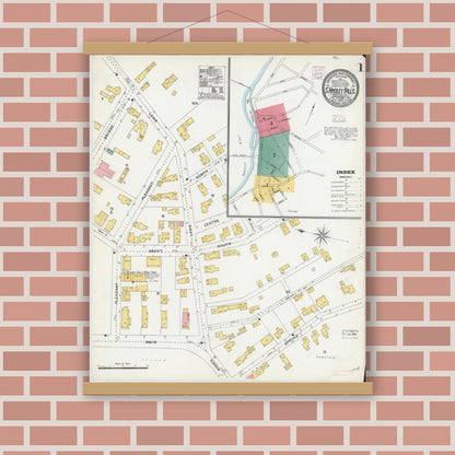 Old map wall art mockup — magnetic wood frame on brick wall — Sanborn Fire Insurance Map from South Hadley Falls, Hampshire County, Massachusetts (1905), Sheet #0001
