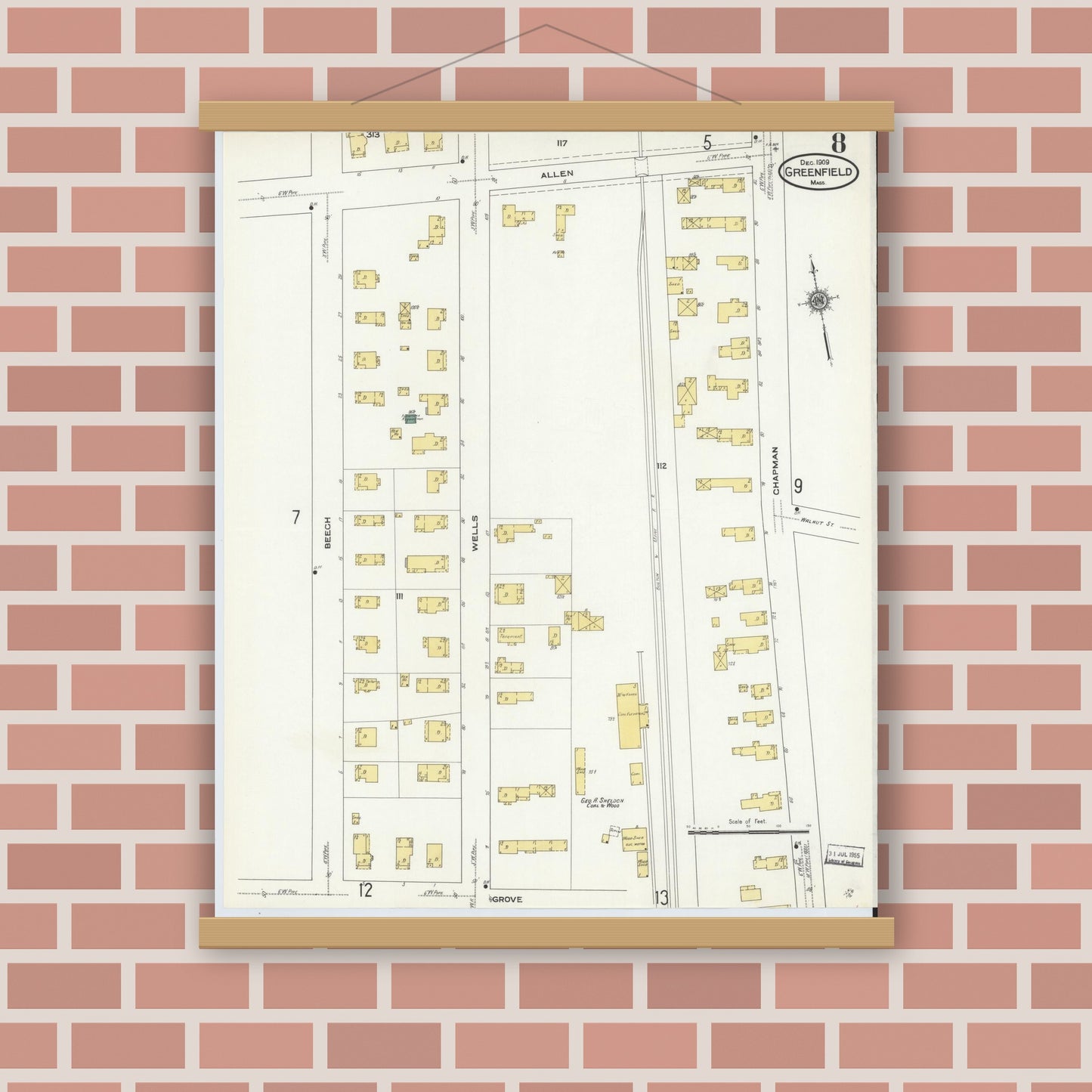 Old map wall art mockup — magnetic wood frame on brick wall — Sanborn Fire Insurance Map from Greenfield, Franklin County, Massachusetts (1909), Sheet #0008