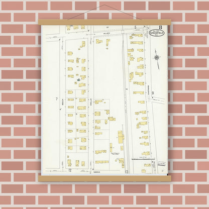 Old map wall art mockup — magnetic wood frame on brick wall — Sanborn Fire Insurance Map from Greenfield, Franklin County, Massachusetts (1909), Sheet #0008