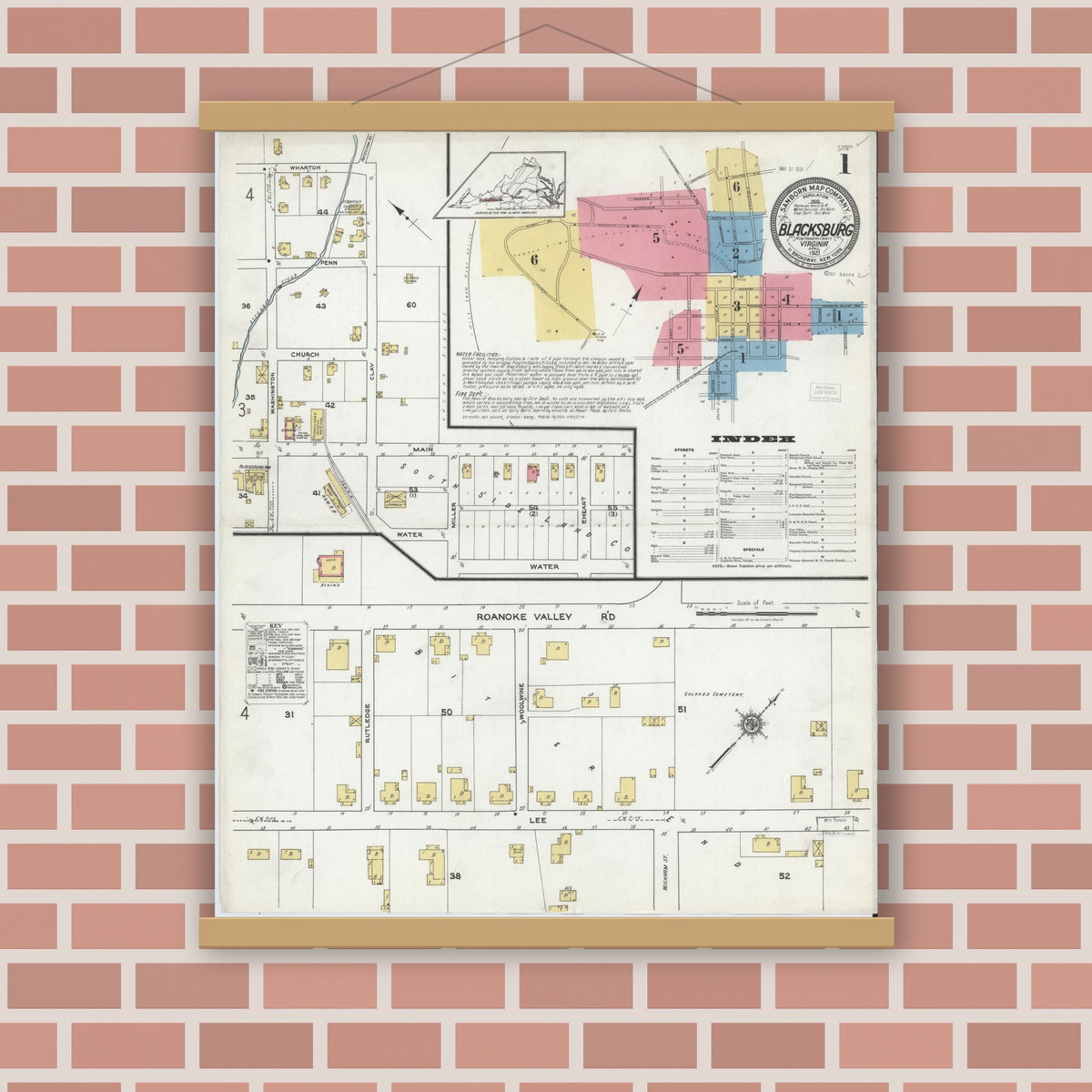 Old map wall art mockup — magnetic wood frame on brick wall — Sanborn Fire Insurance Map from Blacksburg, Montgomery County, Virginia (1921), Sheet #0001