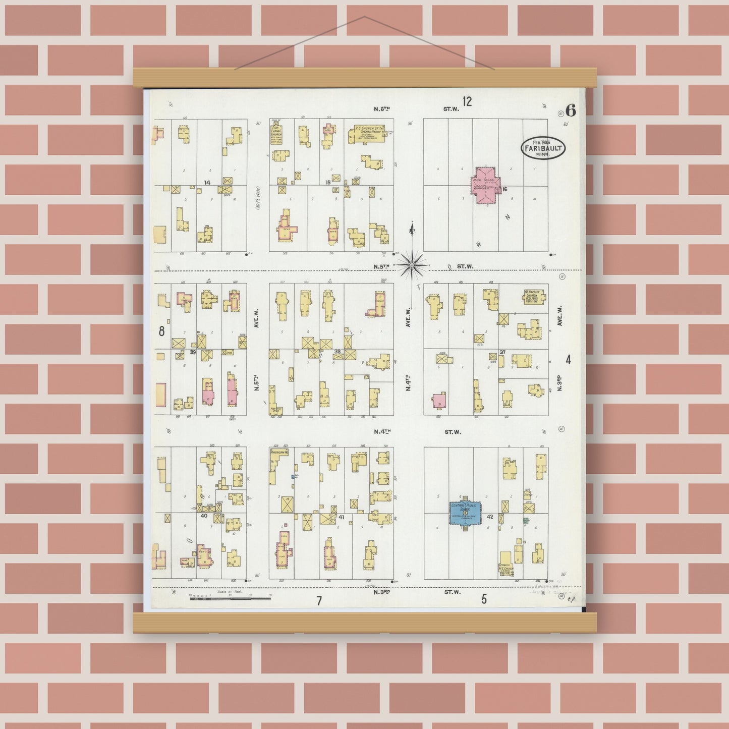Old map wall art mockup — magnetic wood frame on brick wall — Sanborn Fire Insurance Map from Faribault, Rice County, Minnesota (1905), Sheet #0006