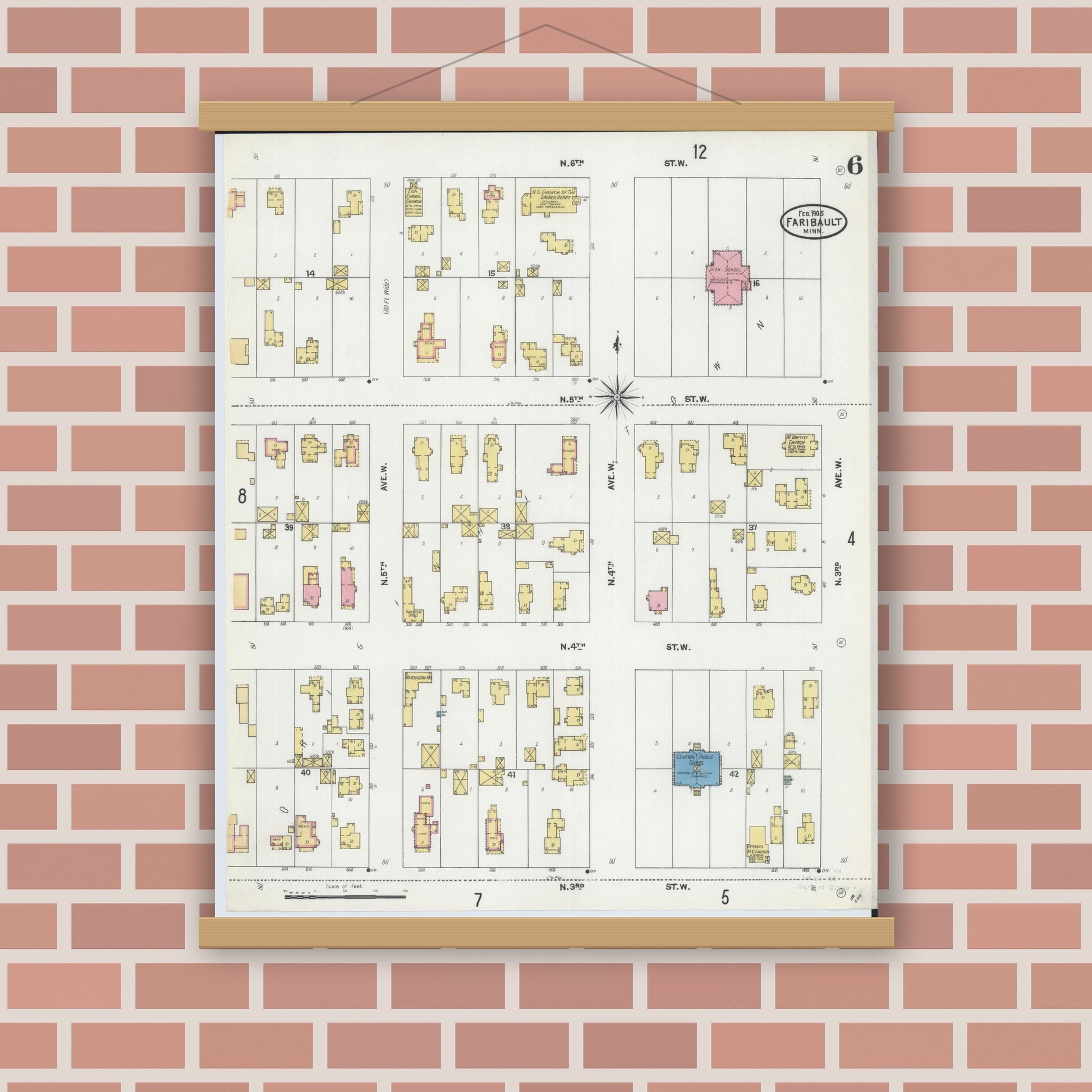 Old map wall art mockup — magnetic wood frame on brick wall — Sanborn Fire Insurance Map from Faribault, Rice County, Minnesota (1905), Sheet #0006