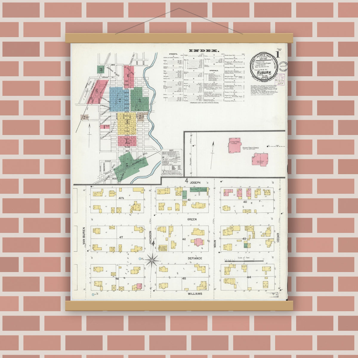 Old map wall art mockup — magnetic wood frame on brick wall — Sanborn Fire Insurance Map from Auburn, De Kalb County, Indiana (1901) - Complete Map Set