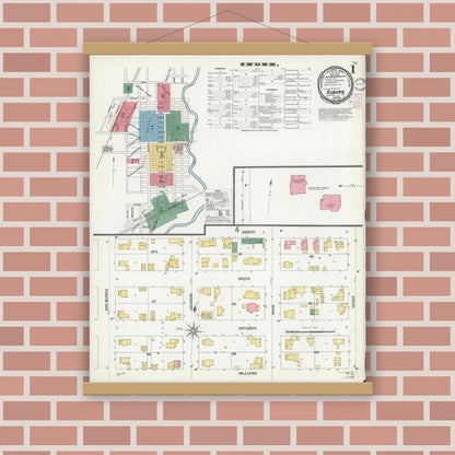 Old map wall art mockup — magnetic wood frame on brick wall — Sanborn Fire Insurance Map from Auburn, De Kalb County, Indiana (1901) - Complete Map Set