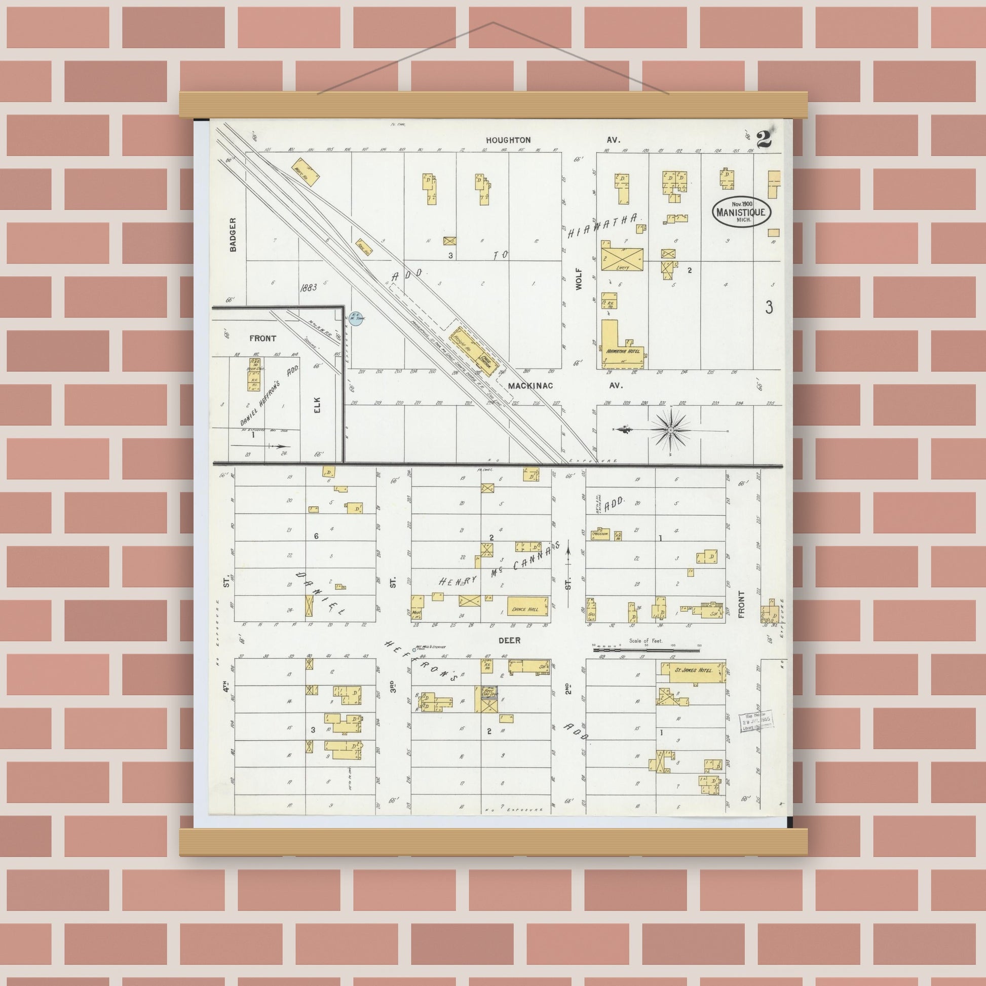 Old map wall art mockup — magnetic wood frame on brick wall — Sanborn Fire Insurance Map from Manistique, Schoolcraft County, Michigan (1900), Sheet #0002