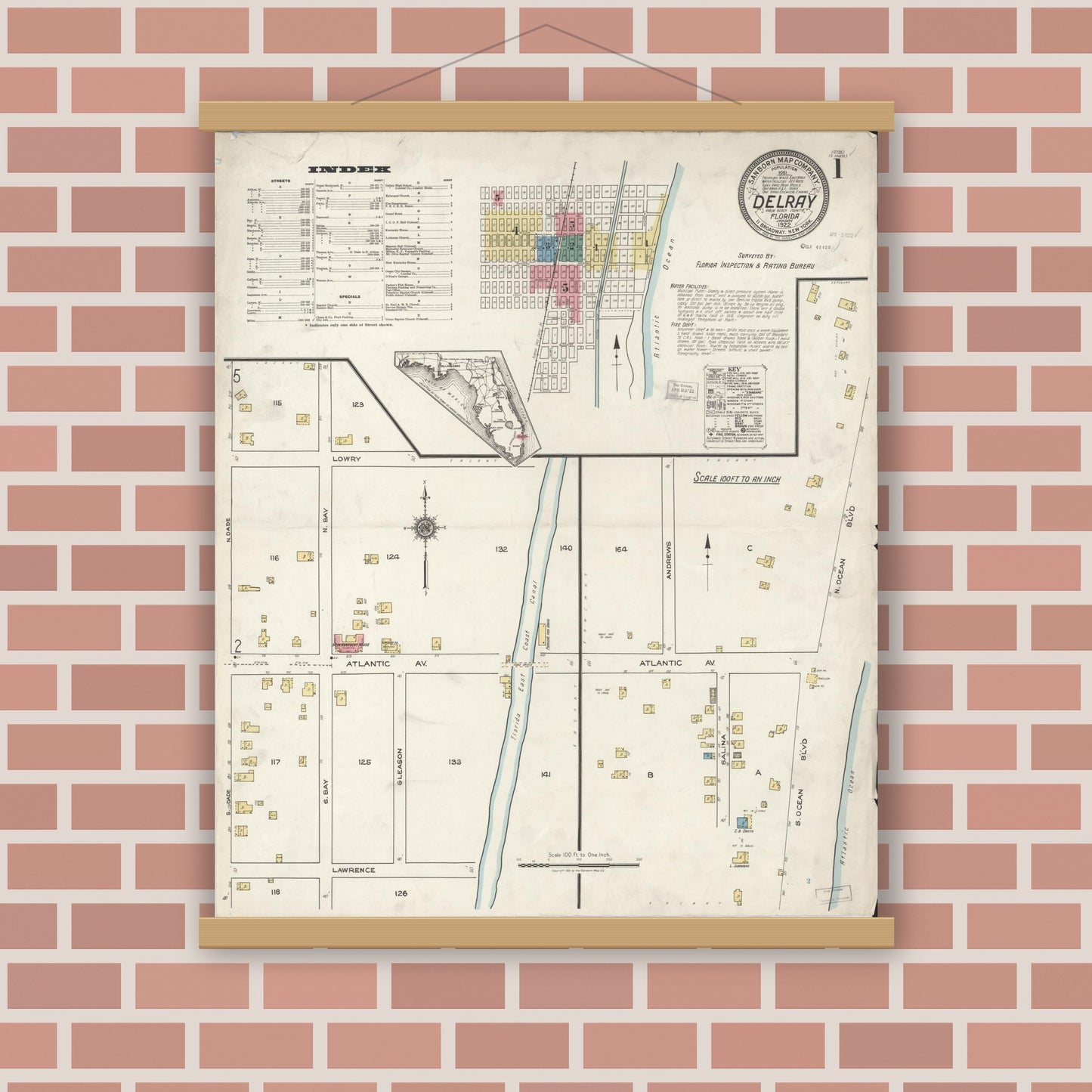 Old map wall art mockup — magnetic wood frame on brick wall — Sanborn Fire Insurance Map from Delray, Palm Beach County, Florida (1922), Sheet #0001