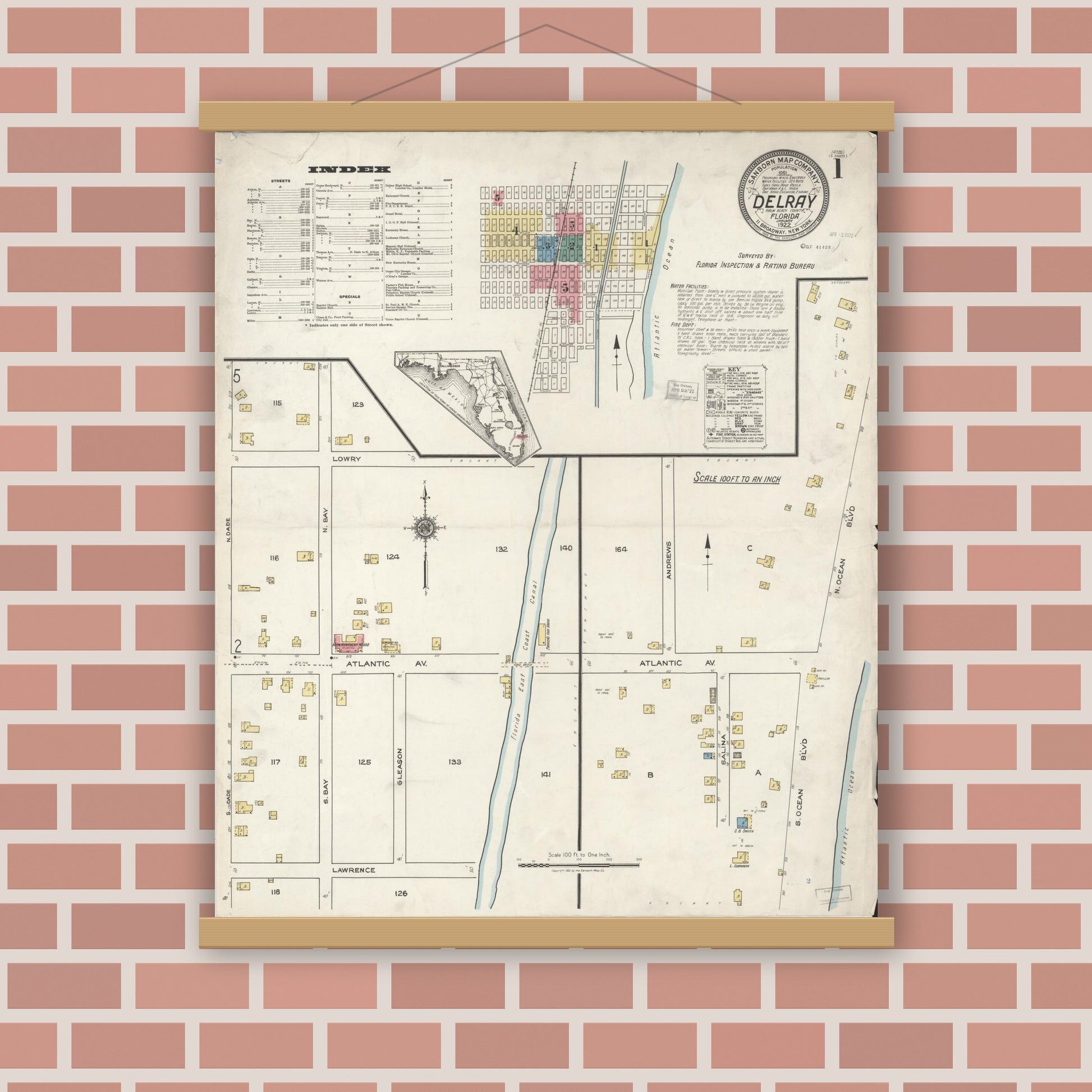 Old map wall art mockup — magnetic wood frame on brick wall — Sanborn Fire Insurance Map from Delray, Palm Beach County, Florida (1922), Sheet #0001