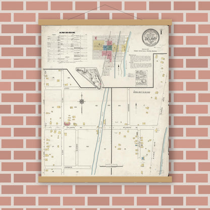 Old map wall art mockup — magnetic wood frame on brick wall — Sanborn Fire Insurance Map from Delray, Palm Beach County, Florida (1922), Sheet #0001