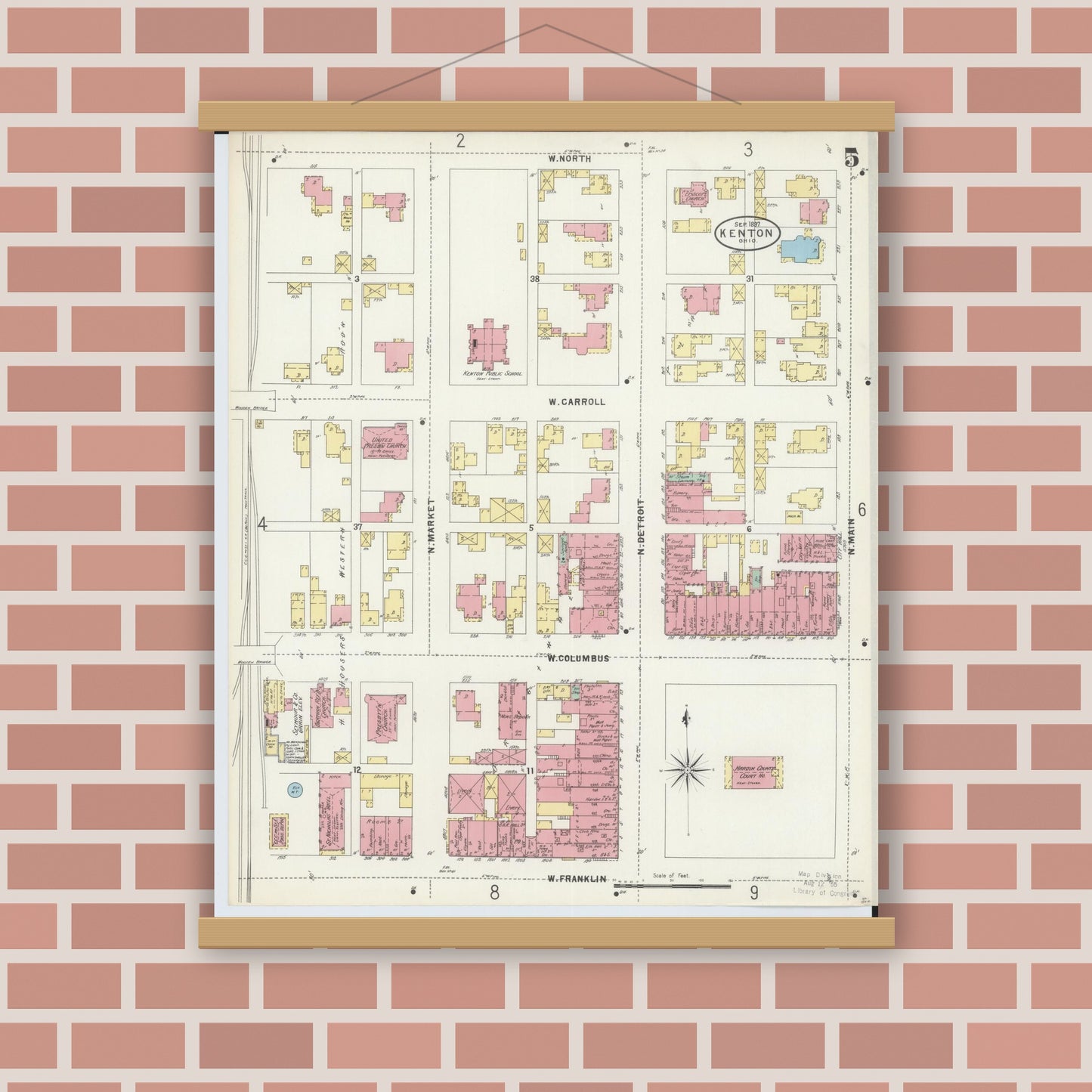 Old map wall art mockup — magnetic wood frame on brick wall — Sanborn Fire Insurance Map from Kenton, Hardin County, Ohio (1897), Sheet #0005