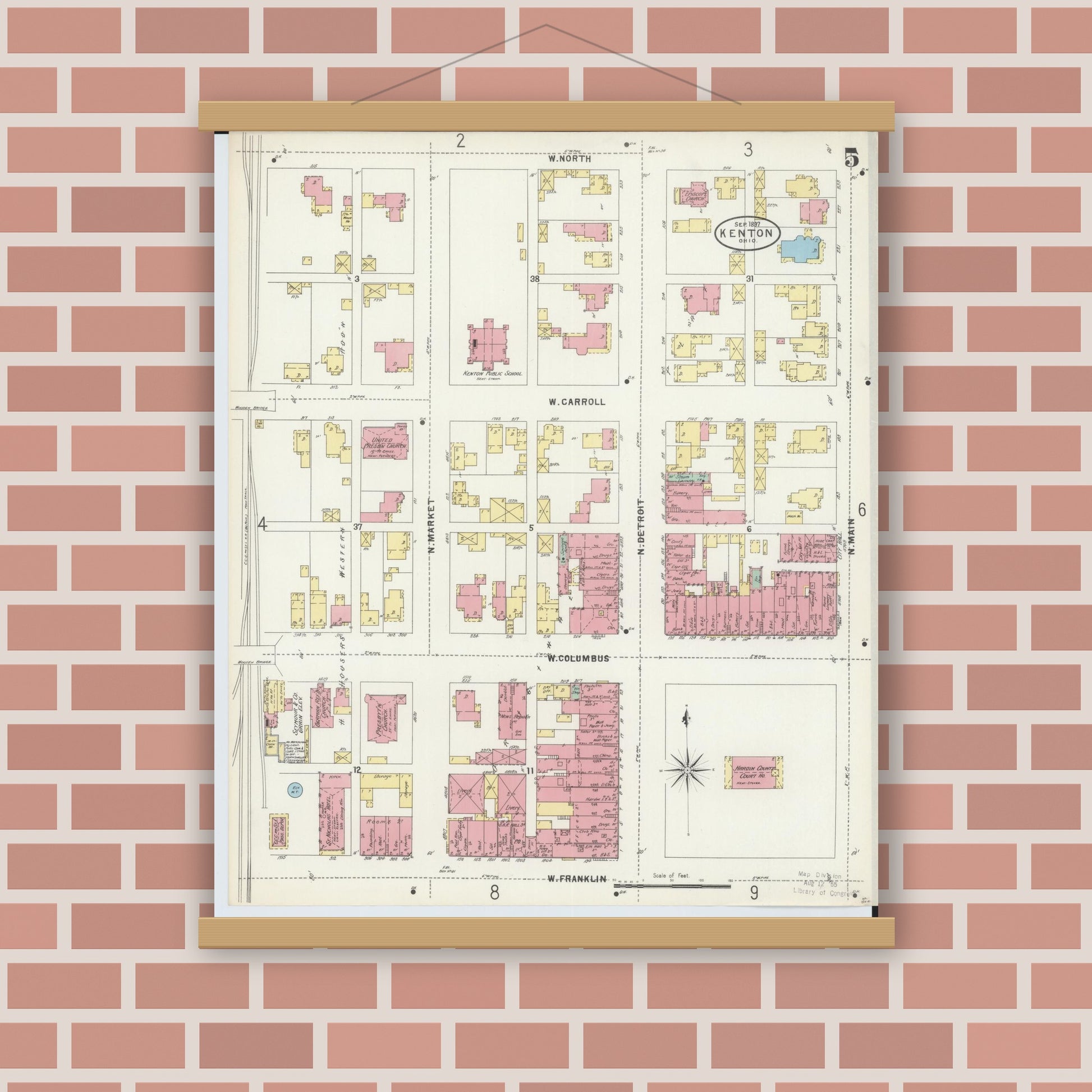 Old map wall art mockup — magnetic wood frame on brick wall — Sanborn Fire Insurance Map from Kenton, Hardin County, Ohio (1897), Sheet #0005