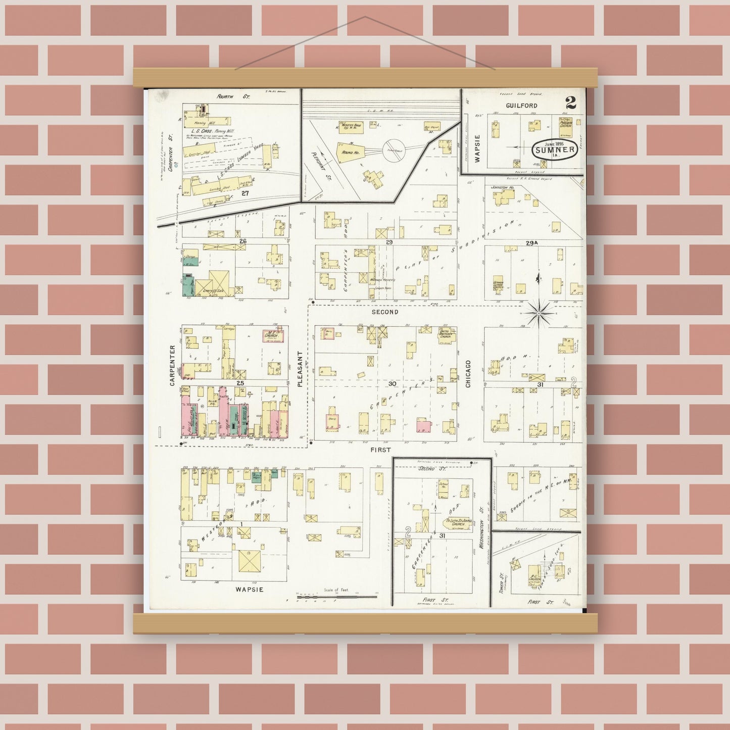 Old map wall art mockup — magnetic wood frame on brick wall — Sanborn Fire Insurance Map from Sumner, Bremer County, Iowa (1895), Sheet #0002