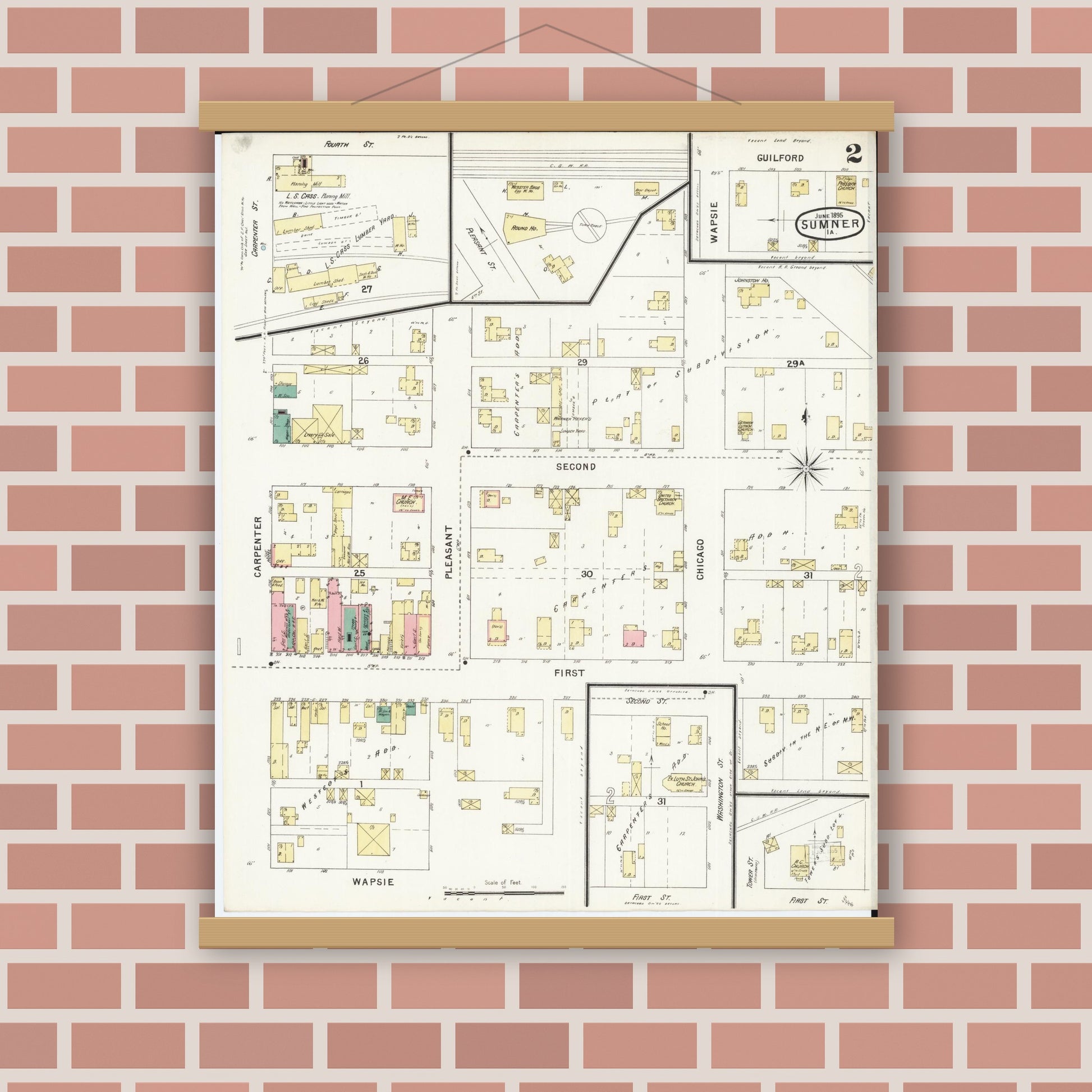 Old map wall art mockup — magnetic wood frame on brick wall — Sanborn Fire Insurance Map from Sumner, Bremer County, Iowa (1895), Sheet #0002