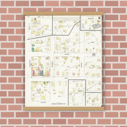 Old map wall art mockup — magnetic wood frame on brick wall — Sanborn Fire Insurance Map from Sumner, Bremer County, Iowa (1895), Sheet #0002