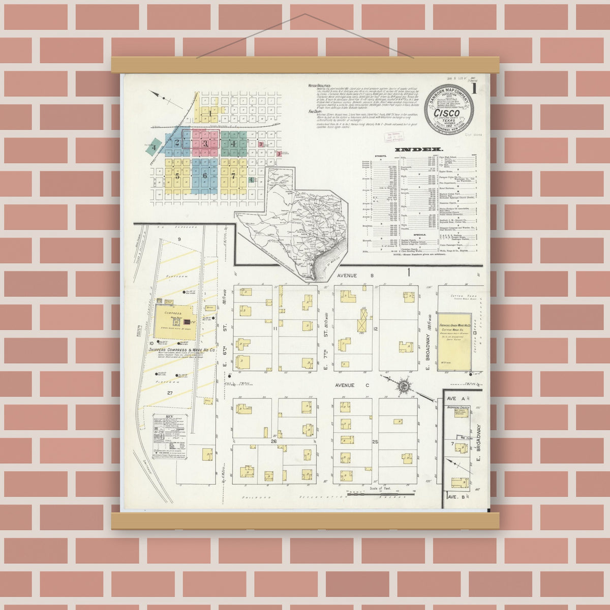 Old map wall art mockup — magnetic wood frame on brick wall — Sanborn Fire Insurance Map from Cisco, Eastland County, Texas (1912) - Complete Map Set