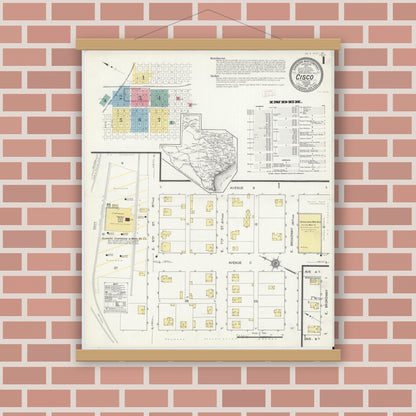Old map wall art mockup — magnetic wood frame on brick wall — Sanborn Fire Insurance Map from Cisco, Eastland County, Texas (1912) - Complete Map Set