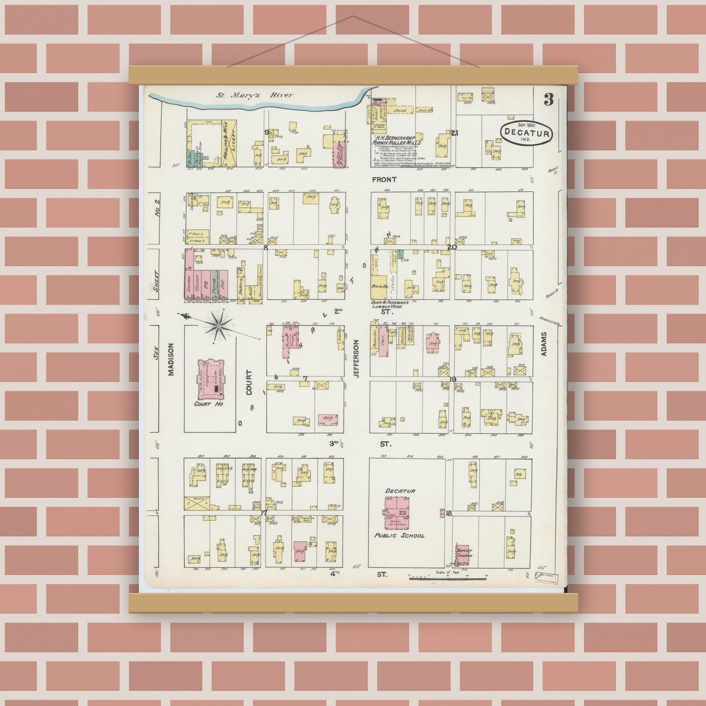 Old map wall art mockup — magnetic wood frame on brick wall — Sanborn Fire Insurance Map from Decatur, Adams County, Indiana (1890), Sheet #0003