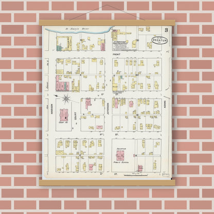 Old map wall art mockup — magnetic wood frame on brick wall — Sanborn Fire Insurance Map from Decatur, Adams County, Indiana (1890), Sheet #0003