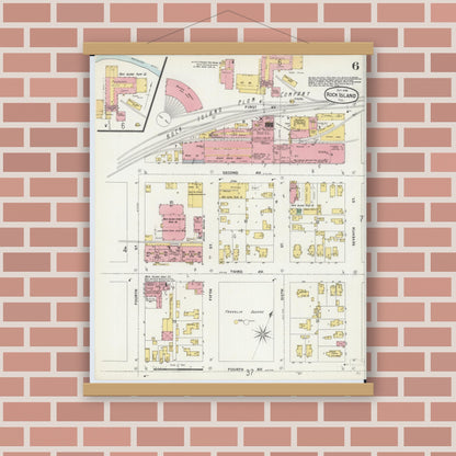 Old map wall art mockup — magnetic wood frame on brick wall — Sanborn Fire Insurance Map from Rock Island, Rock Island County, Illinois (1898), Sheet #0006
