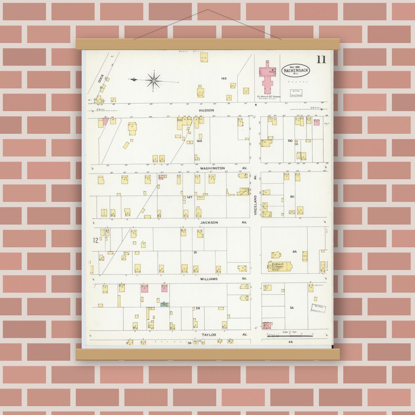 Old map wall art mockup — magnetic wood frame on brick wall — Sanborn Fire Insurance Map from Hackensack, Bergen County, New Jersey (1908), Sheet #0011