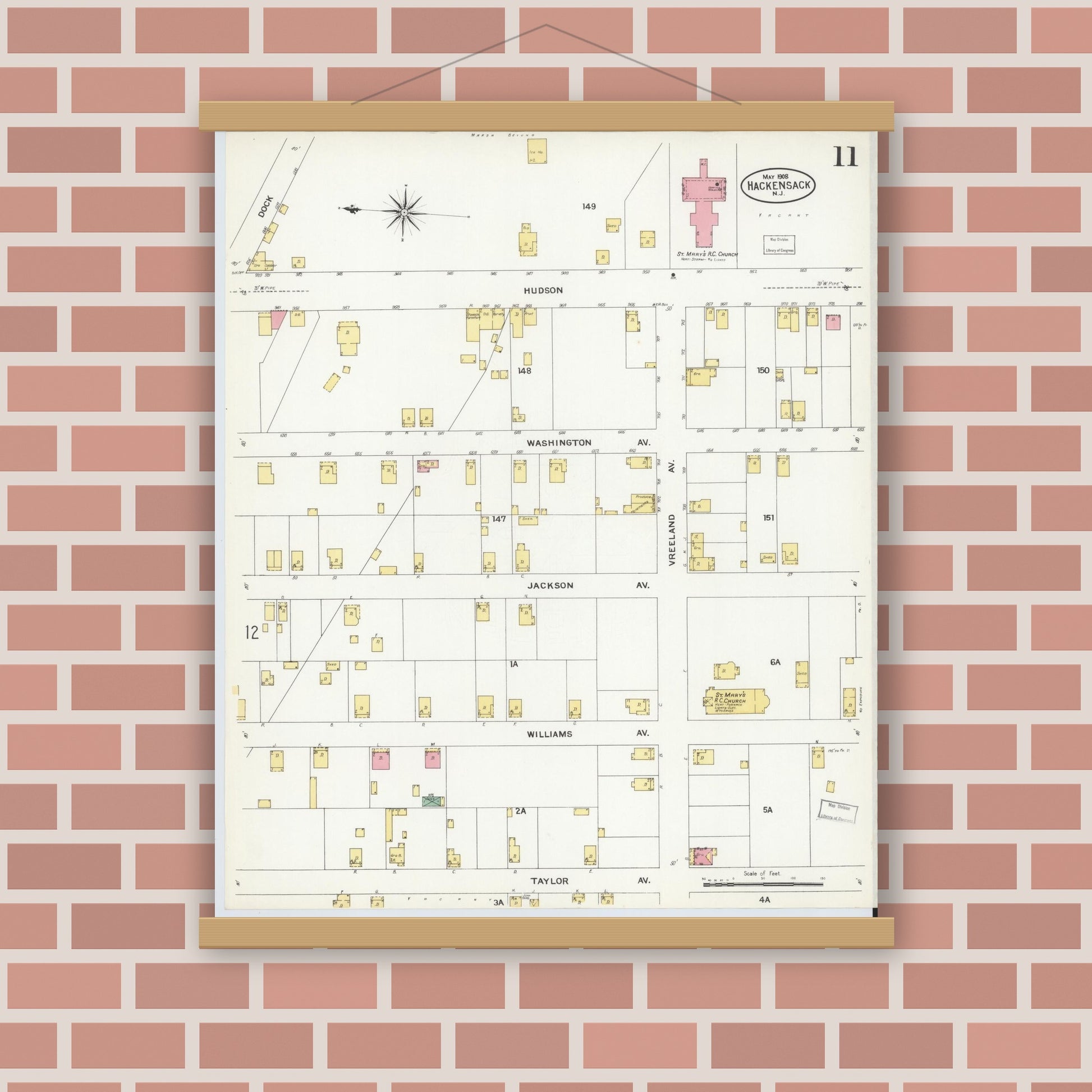 Old map wall art mockup — magnetic wood frame on brick wall — Sanborn Fire Insurance Map from Hackensack, Bergen County, New Jersey (1908), Sheet #0011