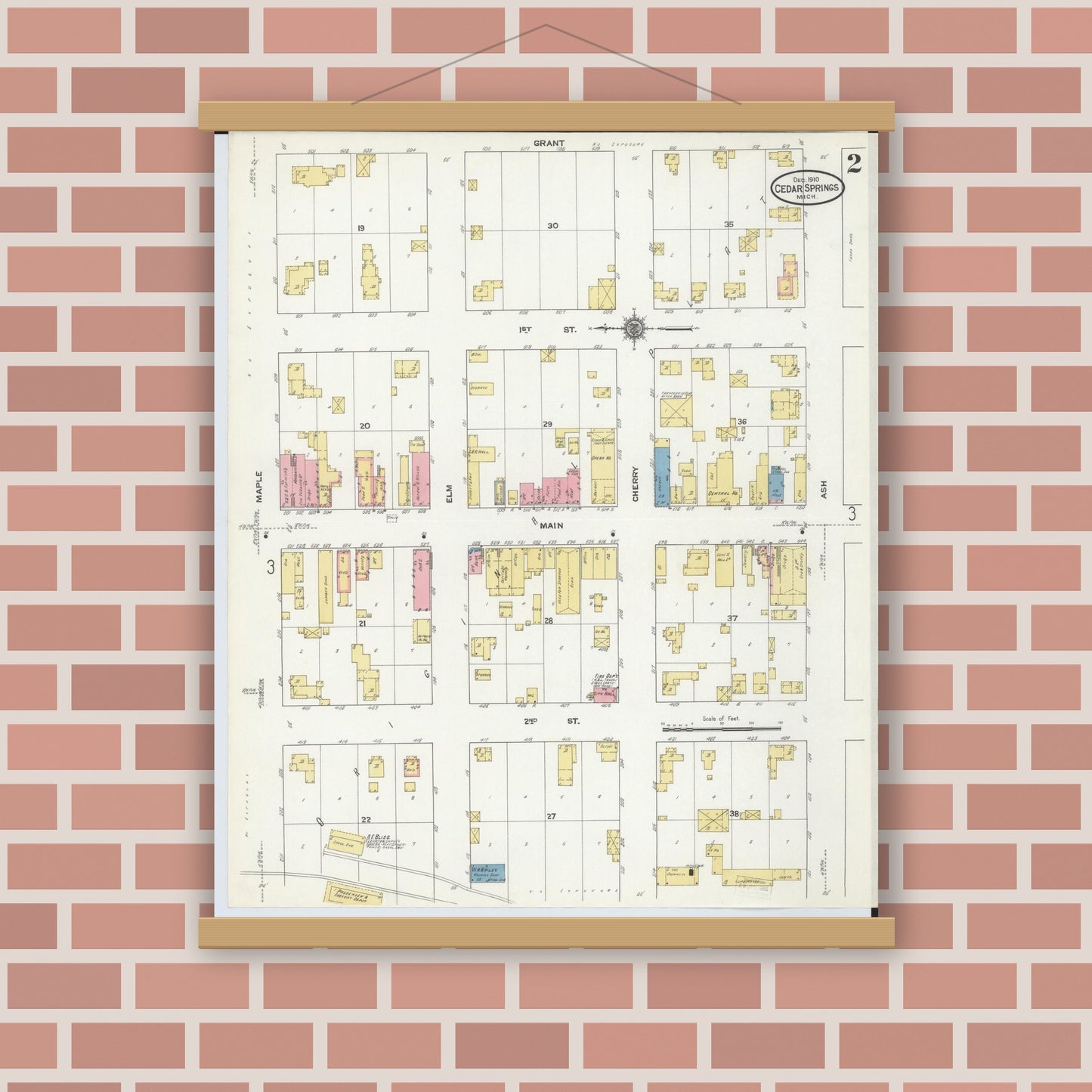 Old map wall art mockup — magnetic wood frame on brick wall — Sanborn Fire Insurance Map from Cedar Springs, Kent County, Michigan (1910), Sheet #0002