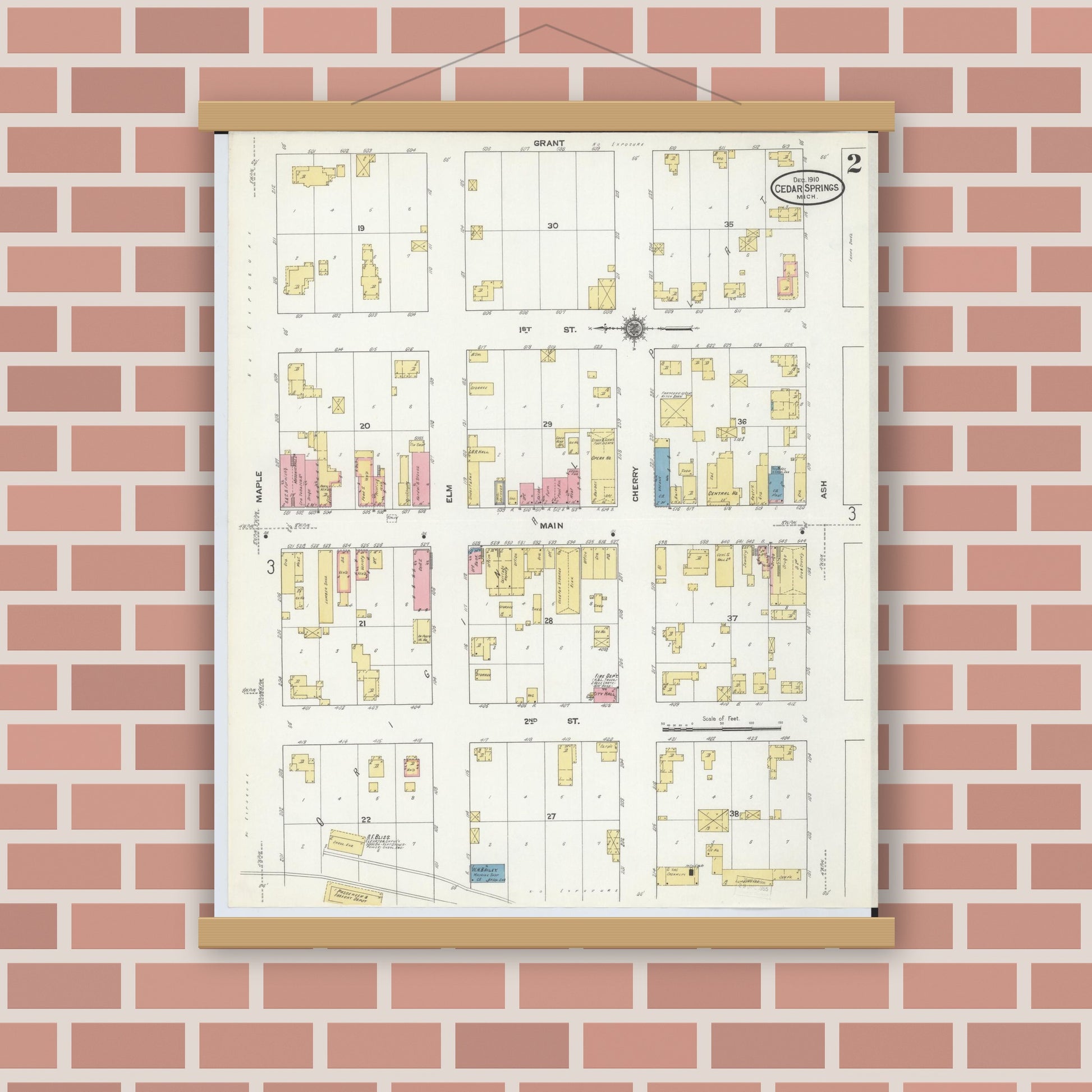 Old map wall art mockup — magnetic wood frame on brick wall — Sanborn Fire Insurance Map from Cedar Springs, Kent County, Michigan (1910), Sheet #0002