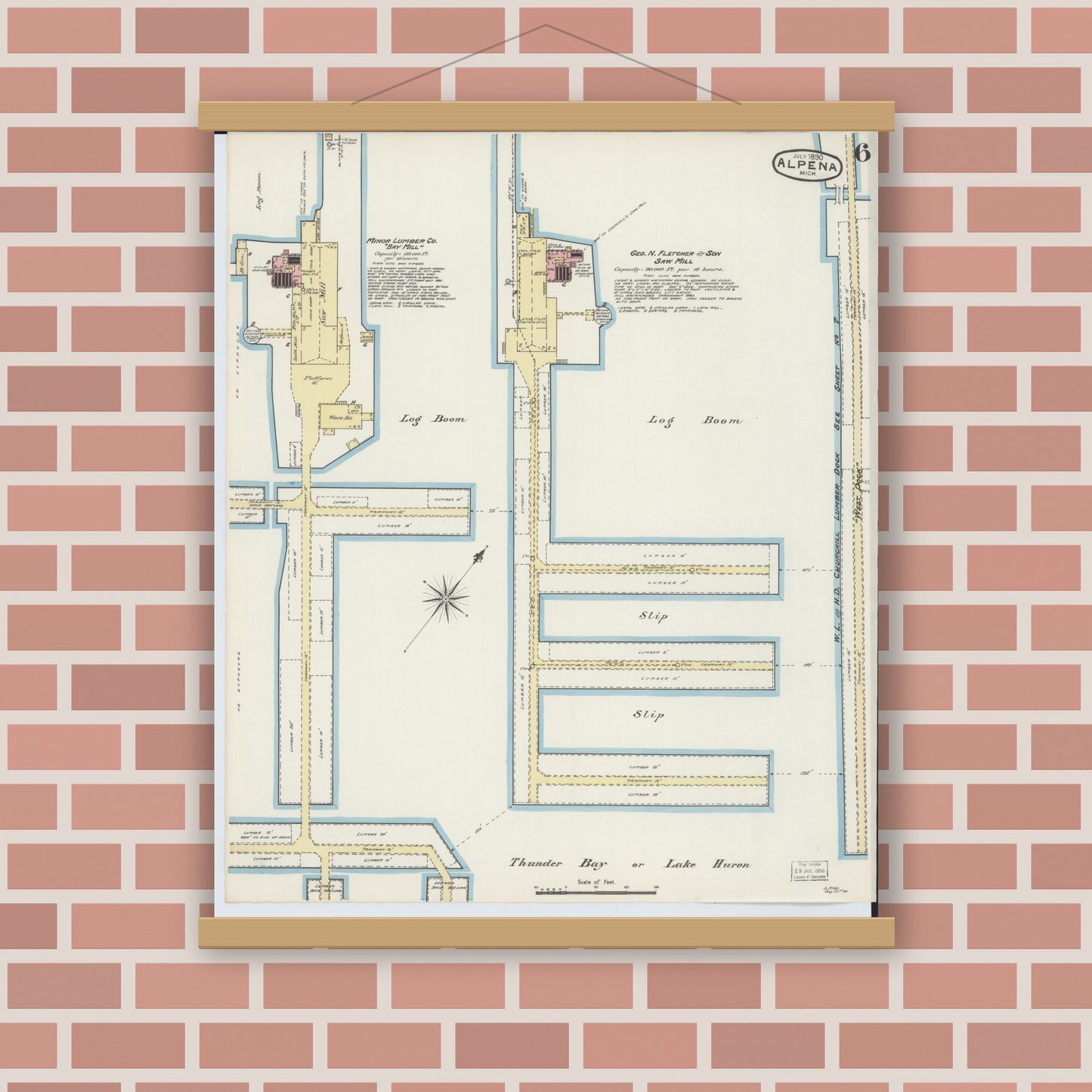 Old map wall art mockup — magnetic wood frame on brick wall — Sanborn Fire Insurance Map from Alpena, Alpena County, Michigan (1890), Sheet #0006