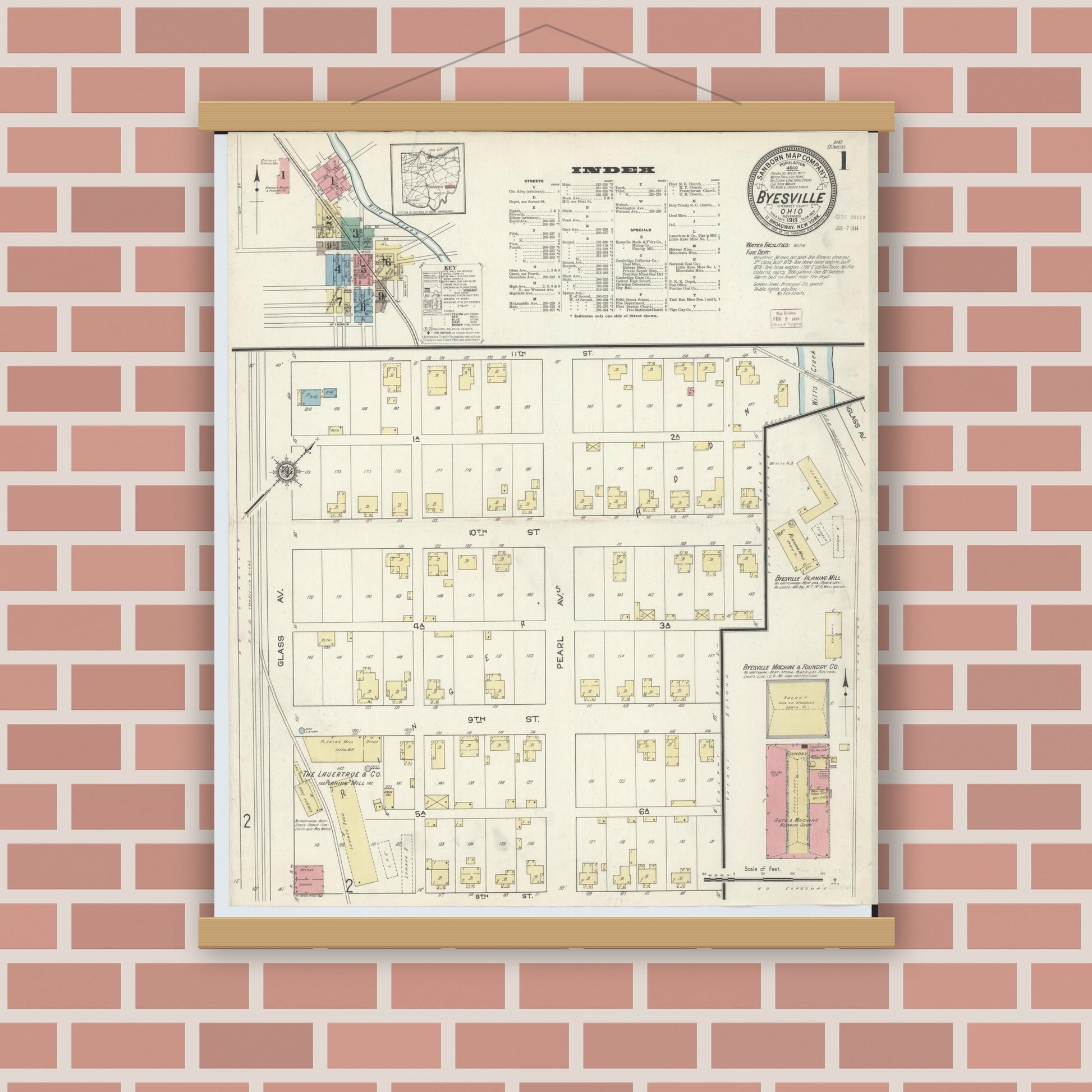 Old map wall art mockup — magnetic wood frame on brick wall — Sanborn Fire Insurance Map from Byesville, Guernsey County, Ohio (1913) - Complete Map Set