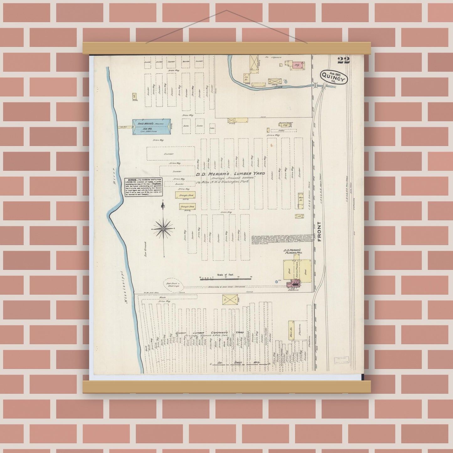 Old map wall art mockup — magnetic wood frame on brick wall — Sanborn Fire Insurance Map from Quincy, Adams County, Illinois (1883), Sheet #0022