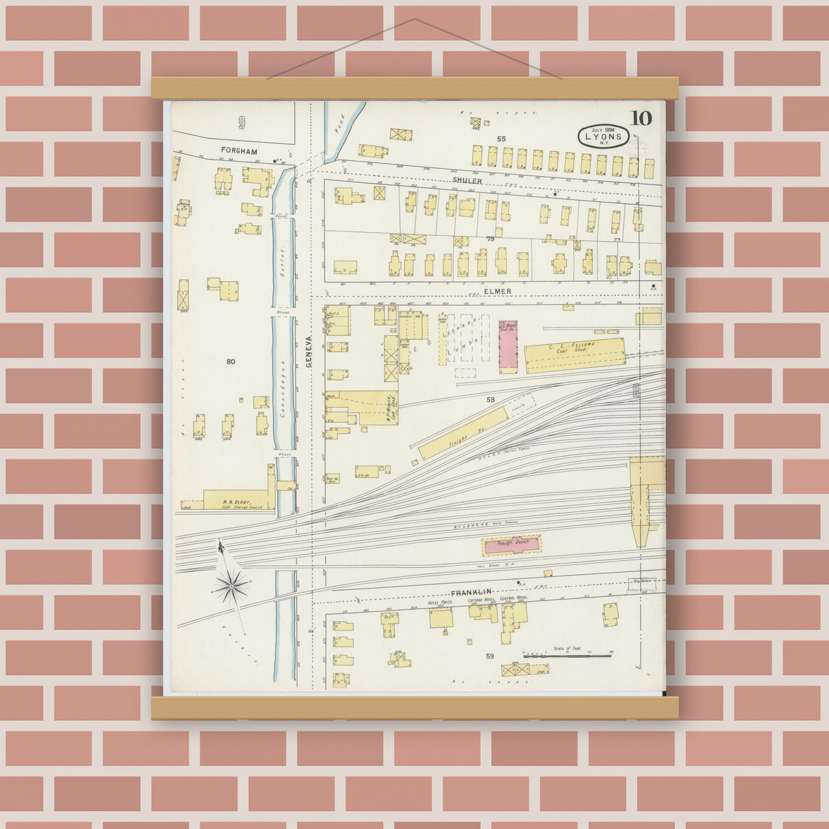 Old map wall art mockup — magnetic wood frame on brick wall — Sanborn Fire Insurance Map from Lyons, Wayne County, New York (1894), Sheet #0010