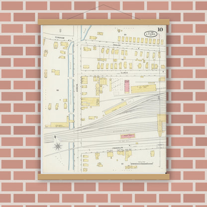 Old map wall art mockup — magnetic wood frame on brick wall — Sanborn Fire Insurance Map from Lyons, Wayne County, New York (1894), Sheet #0010