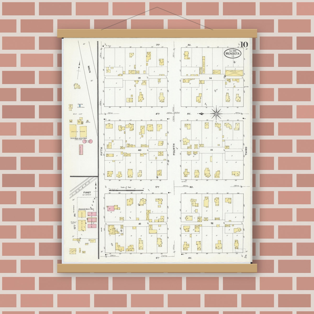 Old map wall art mockup — magnetic wood frame on brick wall — Sanborn Fire Insurance Map from Mendota, La Salle County, Illinois (1909), Sheet #0010