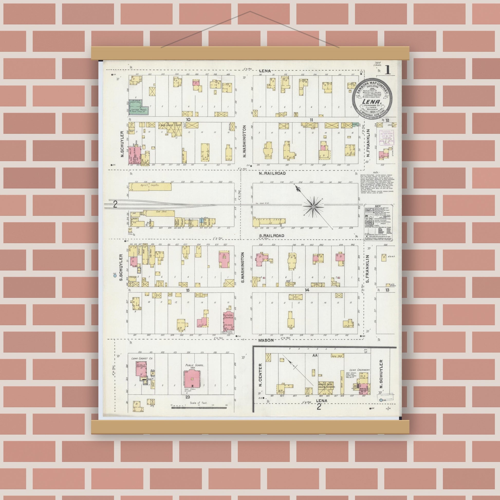Old map wall art mockup — magnetic wood frame on brick wall — Sanborn Fire Insurance Map from Lena, Stephenson County, Illinois (1904) - Complete Map Set