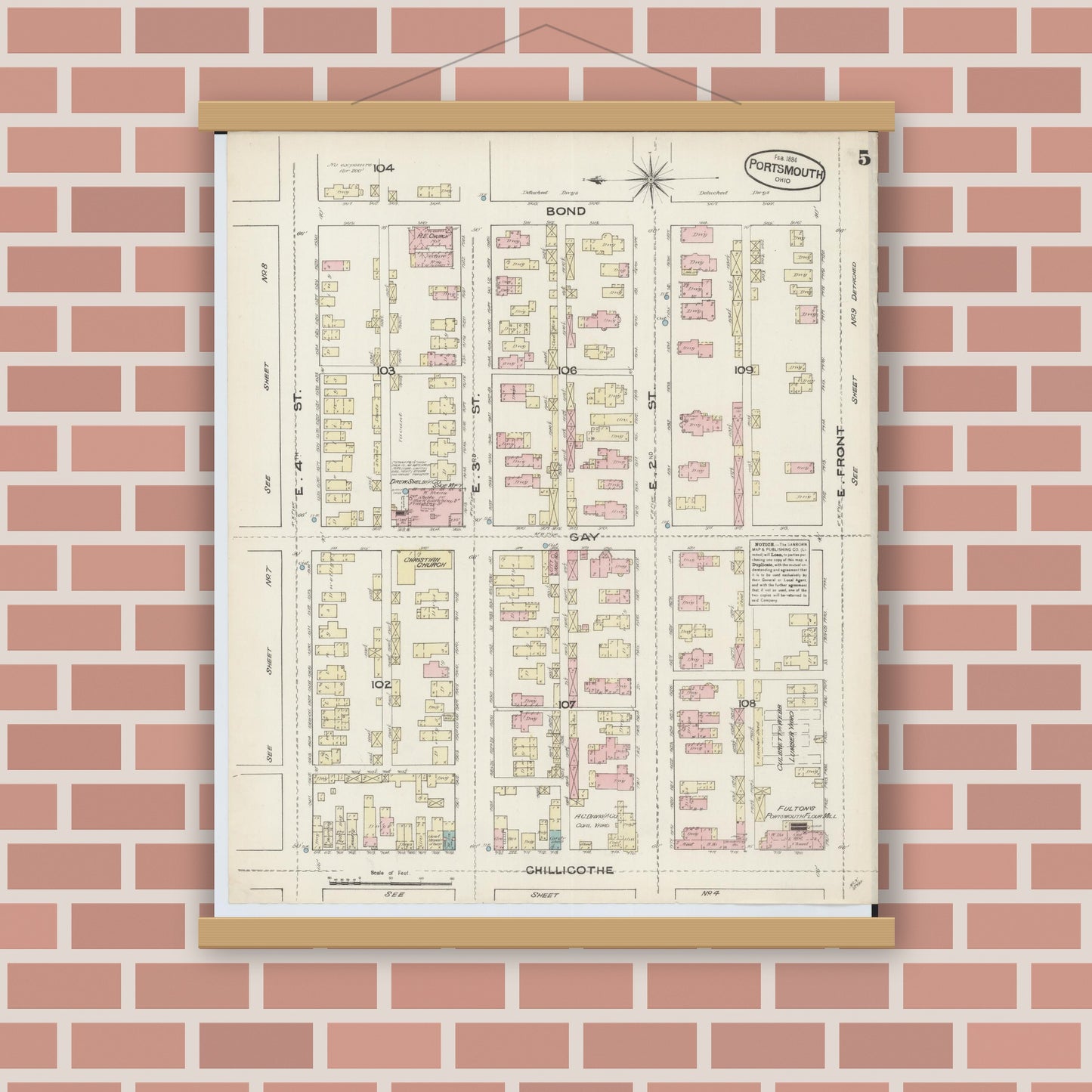 Old map wall art mockup — magnetic wood frame on brick wall — Sanborn Fire Insurance Map from Portsmouth, Scioto County, Ohio (1884), Sheet #0005