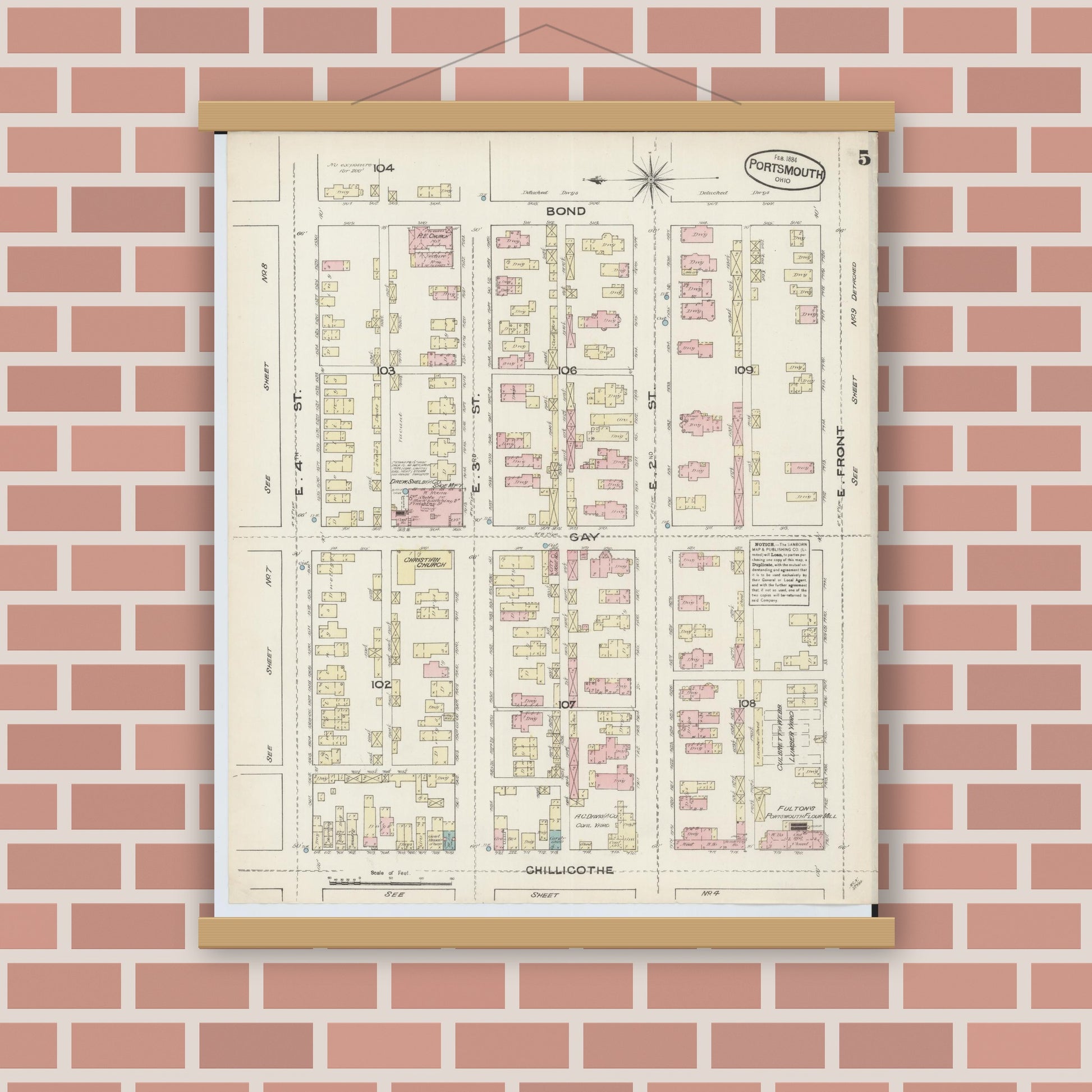 Old map wall art mockup — magnetic wood frame on brick wall — Sanborn Fire Insurance Map from Portsmouth, Scioto County, Ohio (1884), Sheet #0005