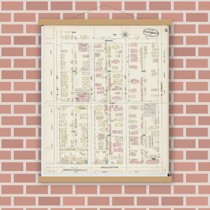 Old map wall art mockup — magnetic wood frame on brick wall — Sanborn Fire Insurance Map from Portsmouth, Scioto County, Ohio (1884), Sheet #0005