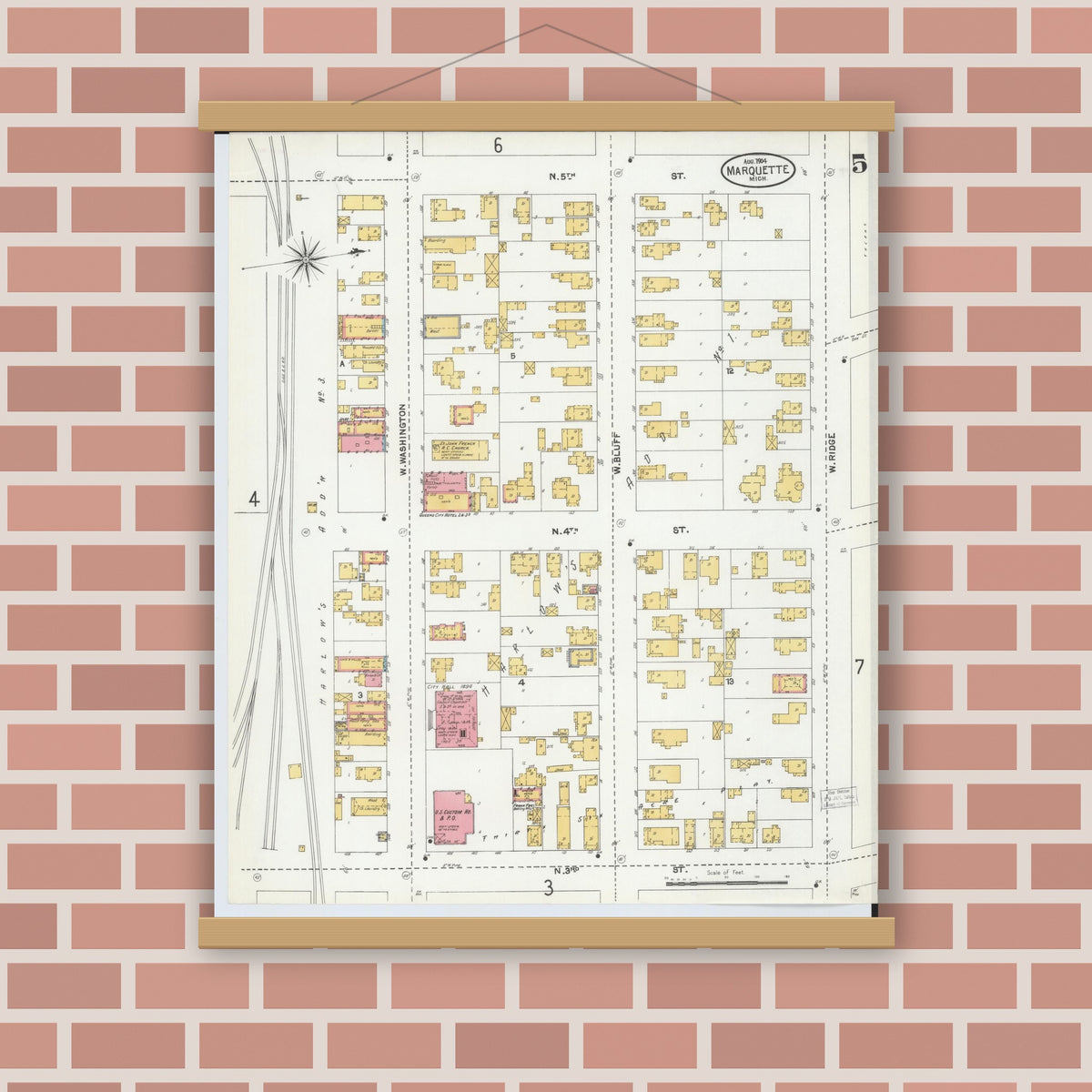 Old map wall art mockup — magnetic wood frame on brick wall — Sanborn Fire Insurance Map from Marquette, Marquette County, Michigan (1904), Sheet #0005